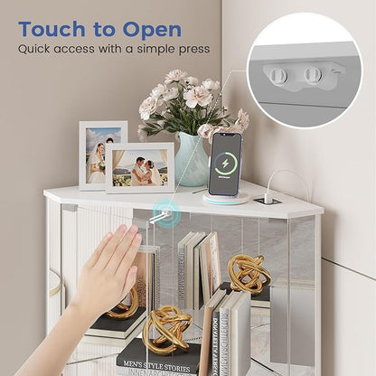 Dystler Corner Display Cabinet Set of 2 with Glass Doors, Small Display Case with 3-Color LED Lights and Charging Station, 2-Tier Curio Cabinet with Storage and Shelf, White