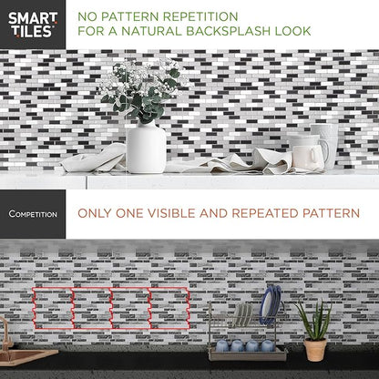 SMART TILES Peel and Stick Backsplash - 10 Sheets of 10.95" x 9.70" - 3D Adhesive Peel and Stick Tile Backsplash for Kitchen, Bathroom, Wall Tile, Subway Grigio