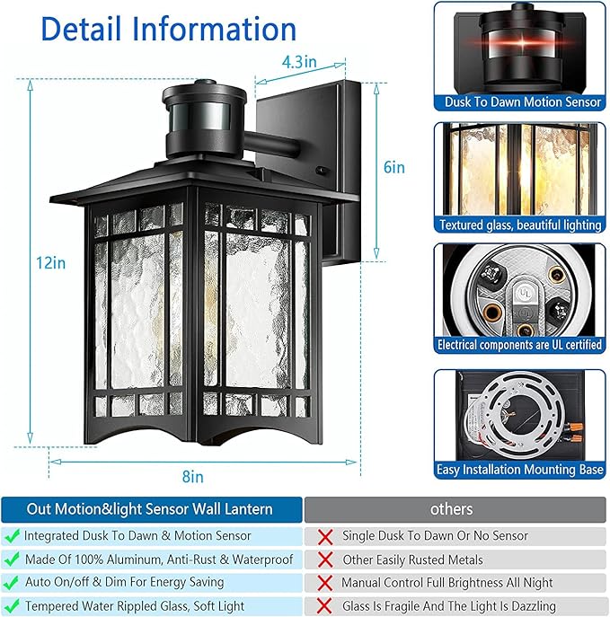 Motion Sensor Outdoor Lights, Dusk to Dawn Light Fixture, Black Wall Sconce Lighting, Front Porch Light, Exterior Lights for House Patio, Outside Door Wall Mount Anti-Rust Lantern