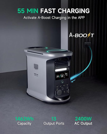 AMPACE Andes 1500 Power Station with 100W Solar Panel, 2400W/1462Wh Solar Generator with 4 AC Outlets, 1H Full Charging, APP Control Emergency Power Station for Home, Camping & RVs
