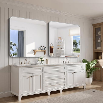 FORBATH 42x42 Inch Silver Bathroom Mirror for Over Sink, Large Square Wall Mirror with Metal Frame, Rounded Corners for Bathroom, Bedroom, Entryway Decor (Horizontal or Vertical)