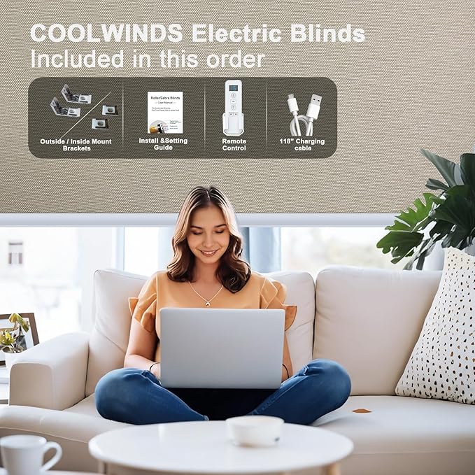 COOLWINDS Motorized Blinds with Remote Cordless Automatic Motorized Shades Custom Blinds for Windows Smart Curtains Compatible with Alexa Google Home(Blackout Sweet Latte,Custom Size)