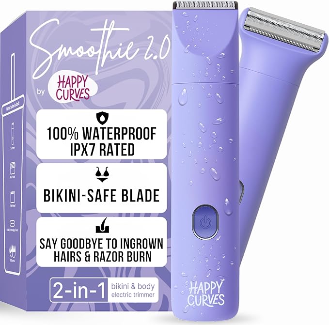 HAPPY CURVES Smoothie 2.0 Bikini Trimmer - Electric Razor for Women, Waterproof Hair Groomer with Adjustable Guards, Personal Shaver for Pubic Hair, Ladies Intimate Shaver and Body Trimmer (Berry)
