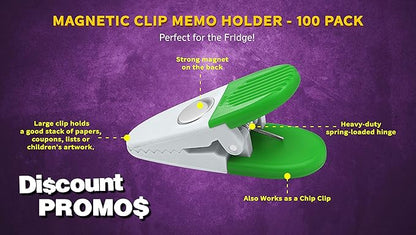 100 Magnetic Memo Holders Set - Customizable Text, Logo - Large Clip, Plastic - White Green