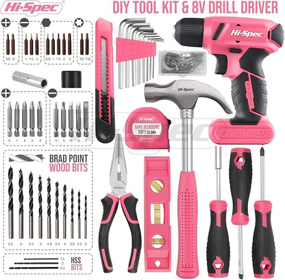 Hi-Spec 58pc Pink 8V USB Electric Power Cordless Drill Driver and Womens Ladies Home DIY Tool Kit Set. Screwdrivers, Drill Bit Set Accessories, Pliers and Hammer In a Toolbox Case