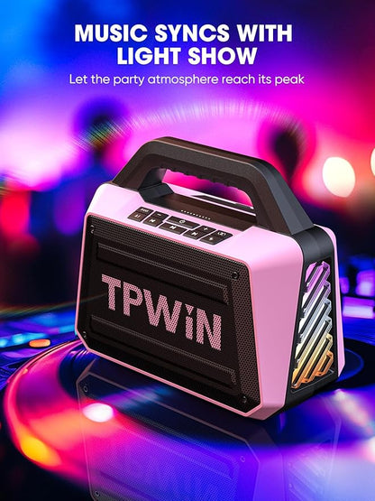 TPWIN Wireless Bluetooth Speakers - Portable Speaker 80W Peak, 20H Playtime, Light Shows, Loud Speaker with Strong Bass, BT 5.3, TWS, IPX6 Waterproof for Home Travel Outdoor Beach Camping - Pink