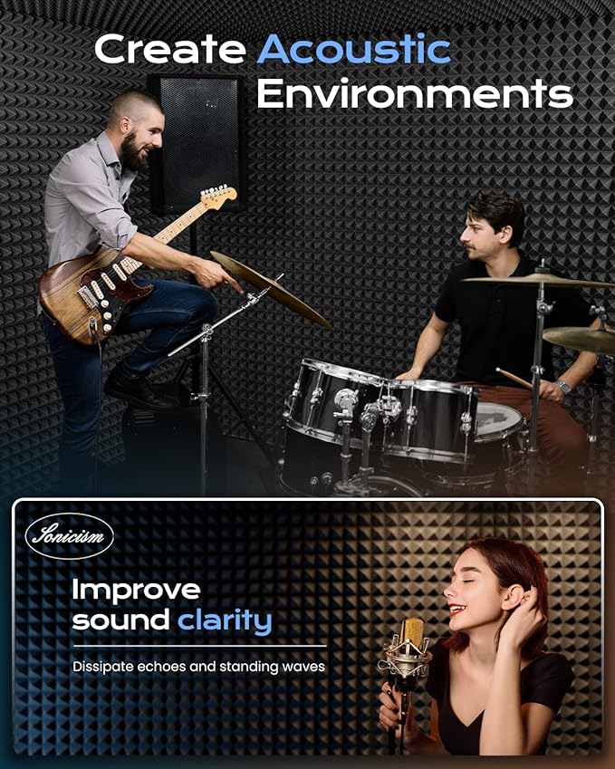 Sonicism Sound Proof Foam Panels for Walls Upgrade Self-Adhesive 8 Pack Pyramid 3"X12"X12" Acoustic Panels 35kg/m³High Density,Soundproof Wall Panels Fast Expand,Sound Absorption and Decoration,Black