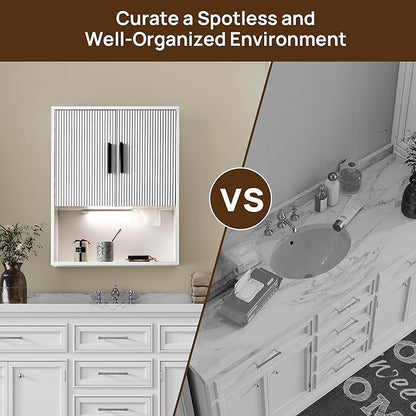 Modern Fluted Bathroom Wall Cabinet with Motion Sensor LED Light, White Over The Toilet Storage with Tissue Dispenser, Soft-Close Hanging Medicine Cabinet with Adjustable Shelves & Open Rack