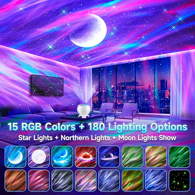 Galaxy Projector Northern Lights Projector,180 Lighting Modes Galaxy Light Projector, 15 White Noise&Bluetooth Northern Lights Projector, Remote+Timer Star Projector Galaxy Light Projector, Star Gifts