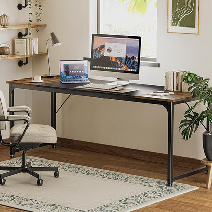 Huuger 78.7 Inch Office Computer Desk with Storage, Writing Work Desk for Home Office, Study, Gaming, Long Simple Desk, Large Legroom, Metal Frame, Rustic Brown and Black