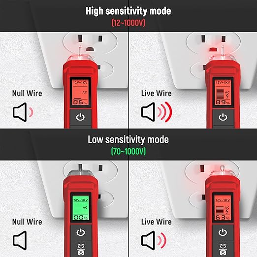 KAIWEETS Voltage Tester/Non-Contact Voltage Tester with Signal Percentage, Dual Range AC 12V/70V-1000V, Live/Null Wire Tester, Electrical Tester with LCD Display, Wire Breakpoint Finder (Full Red)