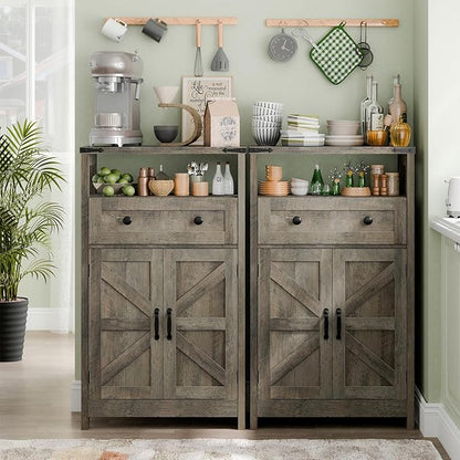 Farmhouse Bathroom Storage Cabinet with Barn Doors, Bathroom Storage Organizer with Drawers, Rustic Freestanding Floor Cabinet for Kitchen, Living Room, Grey