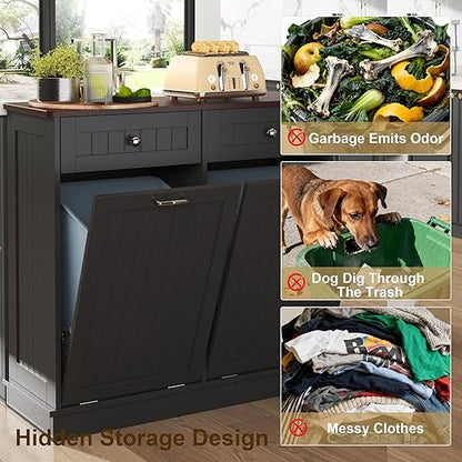 Tilt Out Trash Can Cabinet Dog Proof with Double Wood Hidden Trash Can Holder, Kitchen Free Standing Recycling Cabinet（Black）