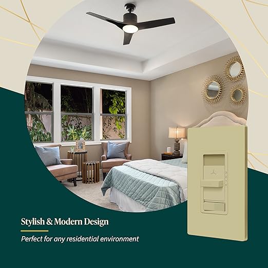 TOPGREENER Kalide Light Switch and 3-Speed Ceiling Fan Control Combo, in Wall Light and Fan Combination Switch, Single Pole, 2.5A, 720W, Neutral Wire Not Required, TGSFS3-I, Ivory
