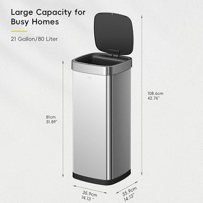 EKO EcoSmart Tall and Large Kitchen Trash Can, 80L/21.1G High Capacity, Touchless Soft Square Motion Sensor Garbage Can, Brushed Stainless Steel