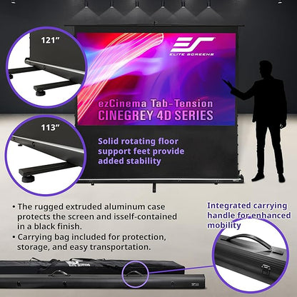 Elite Screens ezCinema Tab-Tension CineGrey 4D, 116-inch 16:9, Manual Floor Pull Up ISF Ceiling Ambient Light Rejecting, Portable Home Office Classroom Projector Screen with Carrying Bag, FT116UH-C4D