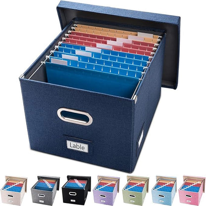 PRANDOM File Organizer Box - Set of 1 Collapsible Decorative Linen Filing Storage Hanging File Folders with Lids Office Cabinet Letter/Legal Size Navy Blue (17x14x11.2 inch)