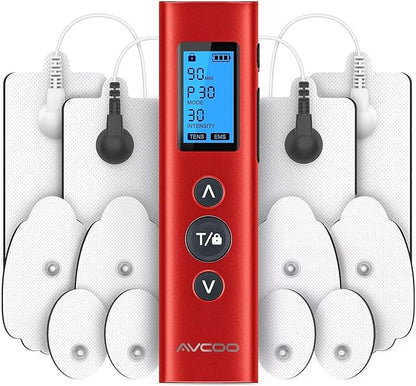 AVCOO 30 Modes TENS EMS Unit Compact Muscle Stimulator for Pain Relief, Rechargeable & Portable Dual Channel Muscle Stimulator with 30 Intensity Levels and 12 Electrode Tens Unit Replacement Pads Red