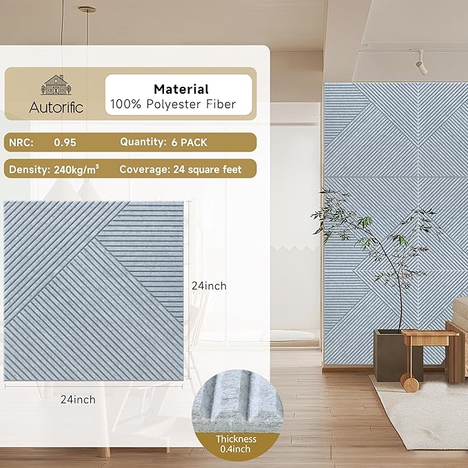 Acoustic Panels for Wall and Ceiling - 6 Pack 2'x2'x0.4",Self-Adhesive 3D Decorative Wall Panels,Silver Grey
