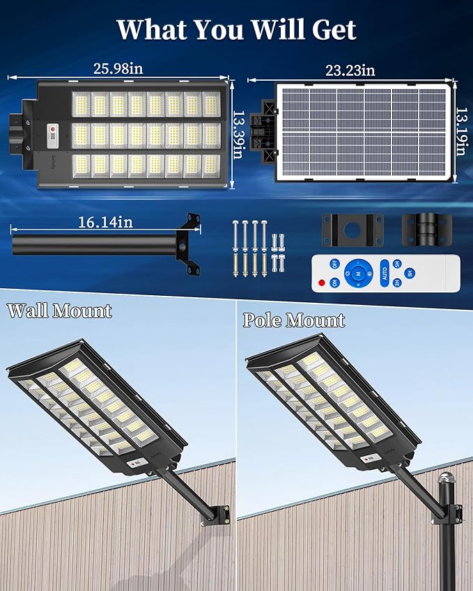 Gefolly SL-9600W Solar Street Light Outdoor 780000LM Wide Angle Commercial Parking Lot Lights Dusk to Dawn 6500K Flood Security Light IP67 Lamp for Basketball Court, Yard