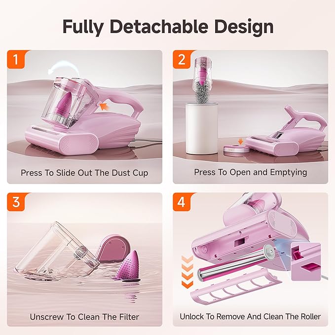 uwant Bed Cleaner with 16Kpa Suction Metal Roller 253.7nm Uv-c Light Mattress Vacuum Cleaner 36000RPM/Min 149℉ Heating HEPA Filter&Ultrasonic Mattress Vacuum for Sofa, Pillow, Bed Throws, Pink