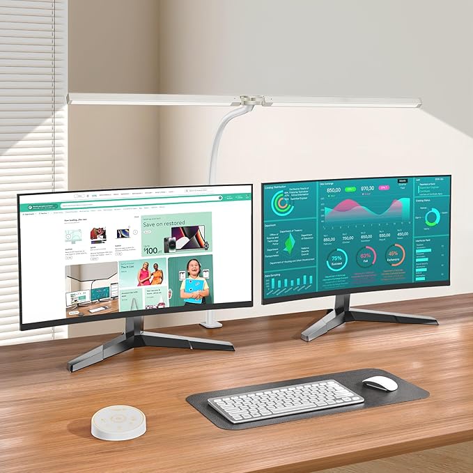 Pzloz Led Desk Lamp for Office Home - Eye Caring Architect lamp with Clamp,Dual Screen Computer Monitor Work Smart Light: 24W 5 Color Flexible Adjustable Lighting Table Lamp for Study Drafting Beige