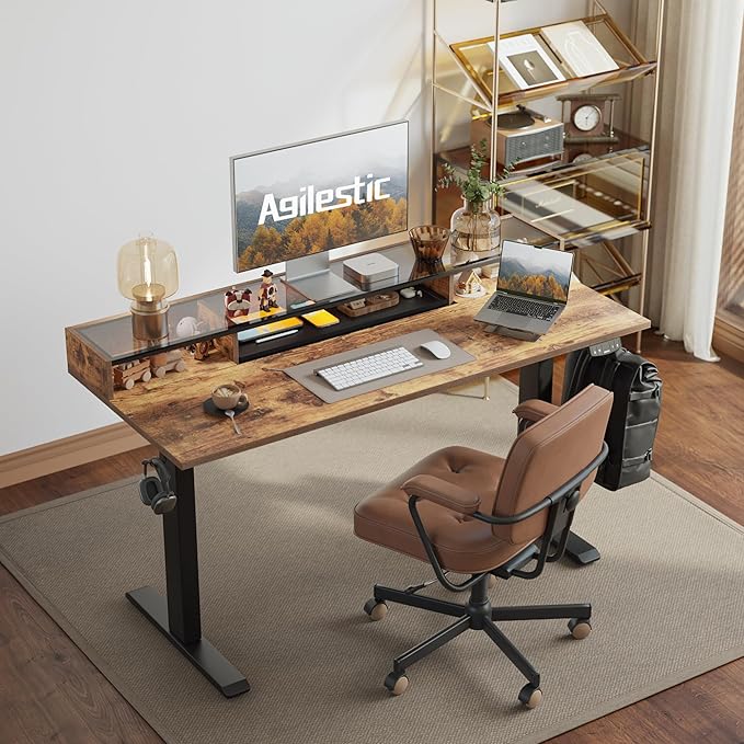 Agilestic Glass Standing Desk with Storage, 48 Inch Electric Adjustable Desk with Glass Shelf and Cable Management, Sit Stand Up Home Office Computer Table, Splice Board, Rustic Brown