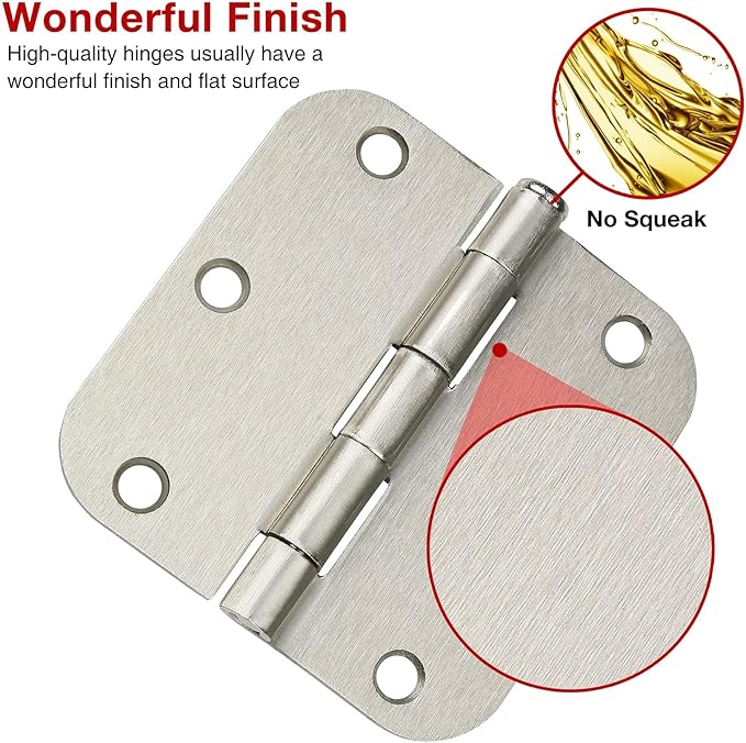 30 Pack Rounded Brushed Nickel Door Hinges 3.5 Inch 5/8" Radius 3 1/2" Satin Sliver Hinge No Squeak Flat Bifold for Bedroom Pantry Clean Glass French Interior Wood Doors,Table,Gate,Hardware