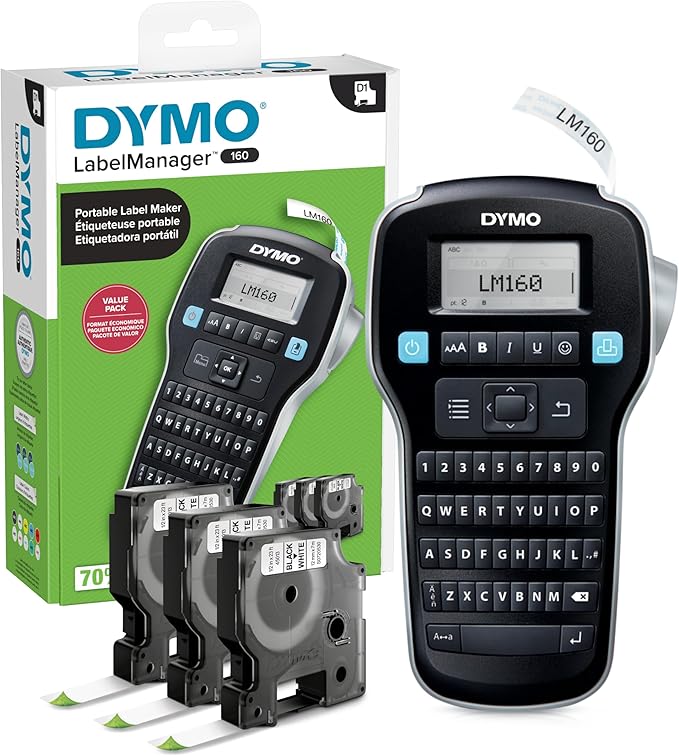 DYMO LabelManager 160 Portable Label Maker Bundle, Easy-to-Use, One-Touch Smart Keys, QWERTY Keyboard, Large Display, For Home & Office Organization, Includes 3 D1 label cassettes