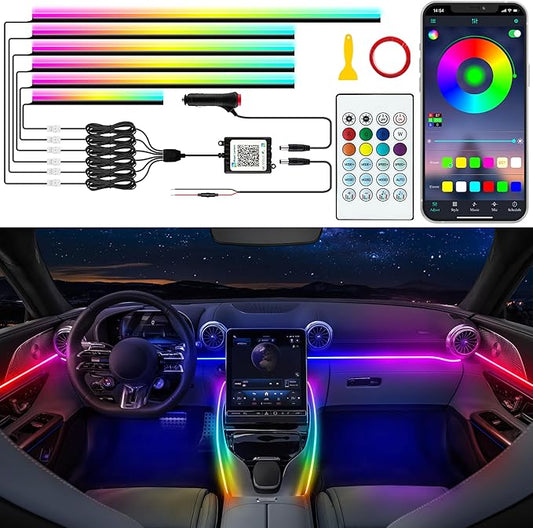 Jushope Acrylic LED Lights - Interior Car Ambient Lighting Kits with Dynamic Rainbow Dream Color Chasing, Music Sync (6 in 1(4 * 29.5+43.3+14.5 inches))