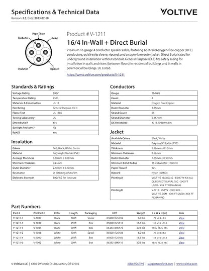 Voltive 16/4 Speaker Wire, in-Wall CL3 & Direct Burial, White, 500ft - 16AWG, 4 Conductors, Stranded Oxygen-Free Copper, UL Listed - V-1211-6