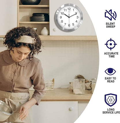 HITO 10 Inch Silent Wall Clock Battery Operated Non Ticking Glass Cover Silver Aluminum Frame, for Kitchen, Bedroom, Home Office, Living Room Decor