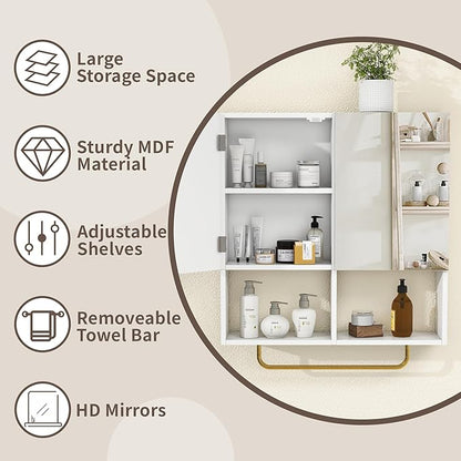 Wall Mounted Storage Cabinet with Mirror & Adjustable Shelves- Bathroom Medicine Cabinet with Towel Bar for Bathroom, Laundary, Enterway,Bedroom