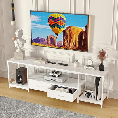 GYIIYUO TV Stand with Fabric Drawers for 55 60 65 Inches TV - Entertainment Center and Industrial TV Console Table with Open Storage Shelves for Living Room, Bedroom - 55.1" White
