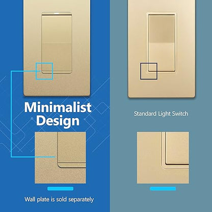 LIDER Minimalist Design Matte Finish Lighted Decorator Switch, Frameless Paddle Light Switch with Locator Light, Grounding Screw, 3-Way or Single Pole, 15A 120V, UL Listed, LS15-3W-GD5P, Gold, 5 Pack