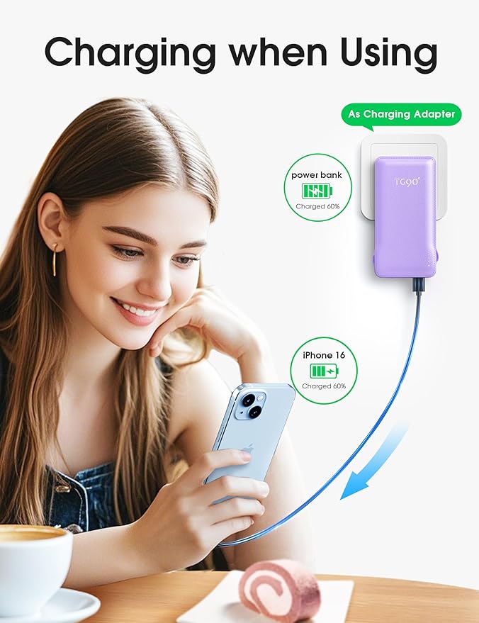 TG90° Portable Charger,10000mAh Power Bank Built-in Cables and AC Wall Plug,USB C Portable Bank,Travel Essentials Phone Charger Compact External Battery Pack Compatible with iPhones,iPad, Samsung
