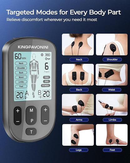 KingPavonini 3-in-1 TENS Unit Muscle Stimulator for Pain Relief Therapy, Dual Channel 36 Modes TENS Machine with 12 Pads, Rechargeable & Portable EMS Muscle Stimulator for Back, Shoulder, Neck