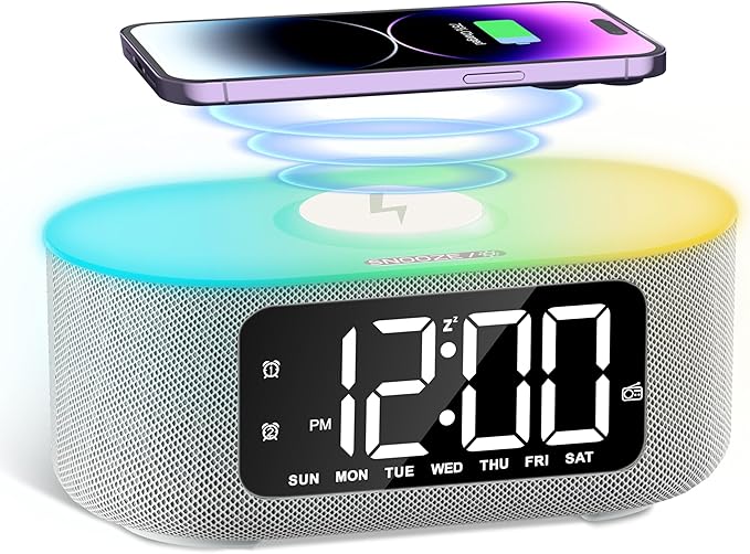 JALL Fabric Alarm Clock for Bedroom, with Big Led Screen Display, Bluetooth Stereo Sound Speaker, FM Radio, Fast Wireless Charging, USB Charging Port, Nightlight, White Noise, Ideal for Gift, Gray
