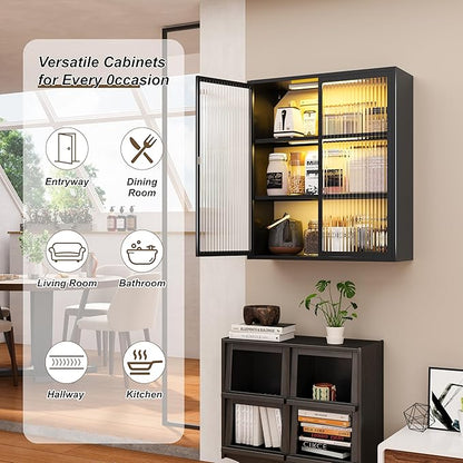 Bathroom Wall Cabinet Over Toilet, Metal Laundry Room Cabinets Wall Mounted, Metal Medicine Cabinets with Glass Doors, Hanging Wall Cabinets for Living Room, Black