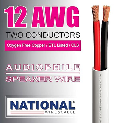 NATIONAL Wire&Cable - 12/2 Audiophile Speaker Wire (100 Feet) 12AWG Gauge - Made in USA - in Wall Audio Speaker Wire Cable/CL Rated/ETL Listed / 2 Conductors - OFC Oxygen-Free Copper, White 100ft