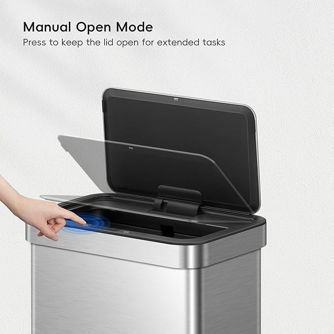 EKO Nova Sensor Trash Can, 21 Gallon/80 Liter Stainless Steel Rectangular Touchless Motion Sensor Trash Can, Matte Metallic