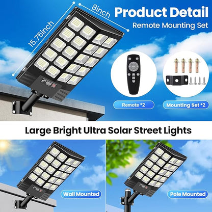 2 Pack 16" Large Solar Street Lights Outdoor Waterproof - Solar Powered Security Parking Lot Light Dusk to Dawn 60000LM,Motion Sensor Commercial LED Solar Flood Lights Remote Control for Outside Yard