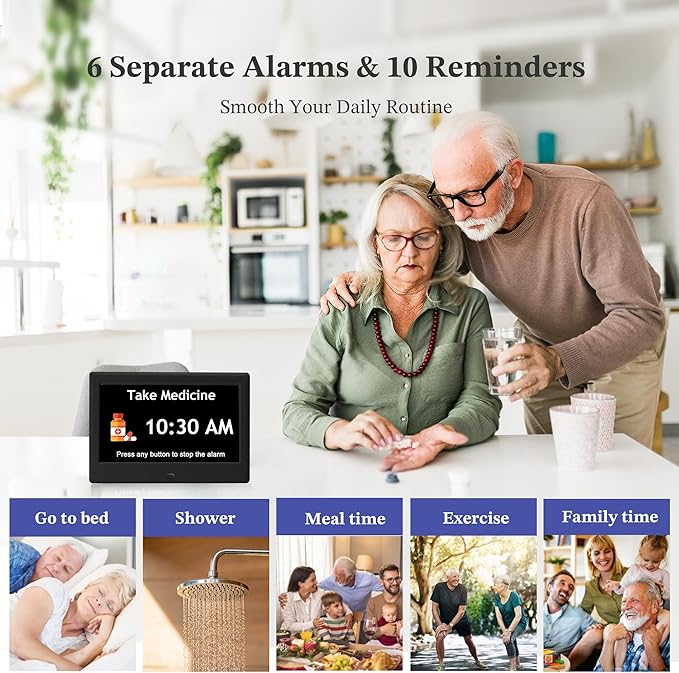 7'' Dementia Clock For Seniors, Large Display Digital Clock With Date, Time, Day Of Week for Elderly, Memory Loss, Alzheimer, 1024*600P HD, 10 Reminders & 6 Alarms, Auto Dimming & DST, Remote Control