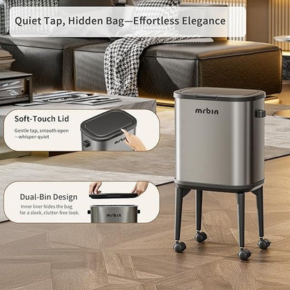 MRBIN Stainless Steel Slim Bathroom Trash Can with Legs and Wheels, 15L / 4gal Toilet Press Lid Waste Basket, Covered Office Garbage Pail for Near Desk, Narrow Vanity, Rvs, Kitchen, Eclipse Grey