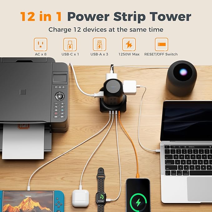 Black Surge Protector Power Strip Tower, TESSAN Flat Plug Extension Cord 10Ft with 8 AC Outlets 4 USB Ports (1 USB C), 1050J Protection Charging Station for Home, Office, Dorm Room Essentials