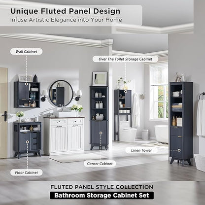 RedLemon Bathroom Wall Cabinet w/Fluted Sliding Door, Modern Medicine Cabinet w/Faux Marble Top & Adjustable Shelf, Curved Profile Wall Mounted Storage Organizer, Dark Grey