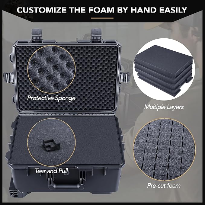 Lykus HC-5220 Waterproof Hard Case with Wheels and Customizable Foam, Interior Size 20.5x14.2x9.7 inch, Suitable for camera, lens, drone, mic, flashlight, projector, electronics, tools, and more