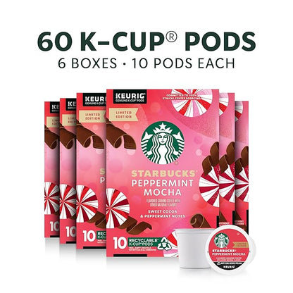 Starbucks K-Cup Coffee Pods, Peppermint Mocha Naturally Flavored Coffee for Keurig Brewers, 100% Arabica, Limited Holiday Edition, 6 Boxes (60 Pods Total)