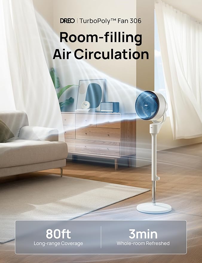 Dreo Fan for Bedroom, 80° Oscillating Standing Fan, 25dB Quiet, 80ft Pedestal Fans for Home Office, 90° Manual Vertical, 3 Speeds, Remote, 34-41" Adjustable Height, Air Circulator