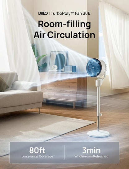 Dreo Fan for Bedroom, 80° Oscillating Standing Fan, 25dB Quiet, 80ft Pedestal Fans for Home Office, 90° Manual Vertical, 3 Speeds, Remote, 34-41" Adjustable Height, Air Circulator